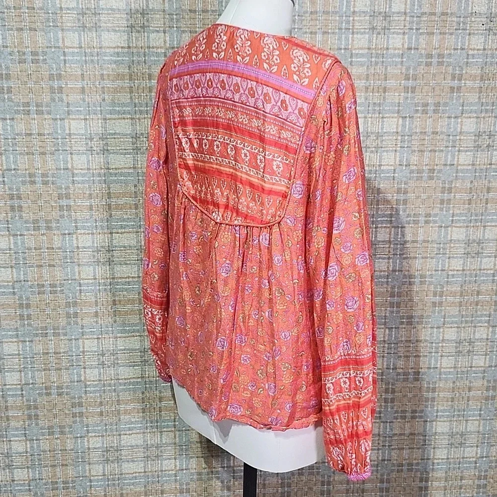 Lucky Brand Boho Peasant Top Orange Floral Embroidered Lace-Up Tassel Blouse